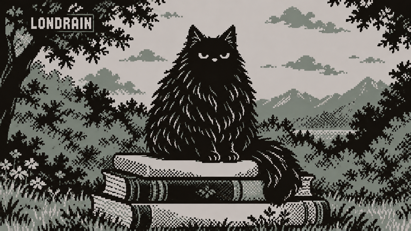 Un gato negro sobre libros, entre árboles y montañas, en pixel art